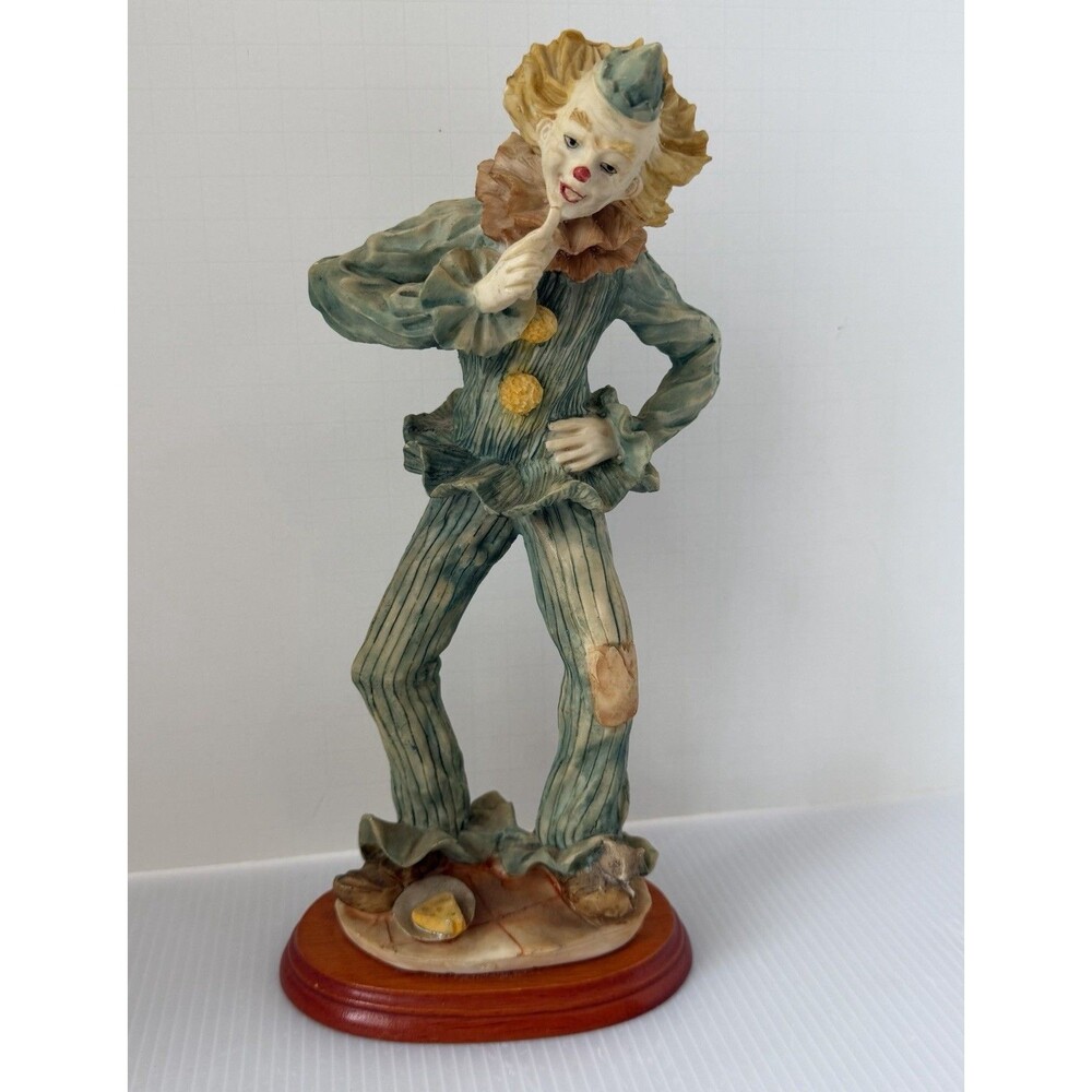 Circus Clown Figurine Resin w/ Mouse & Cheese Wood Base Hobo Eclectic 70s VTG